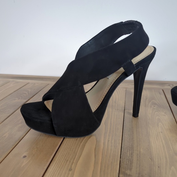 Diane Von Furstenberg Black Suede Open Toe Strappy Sling Back Heels - Picture 3 of 13